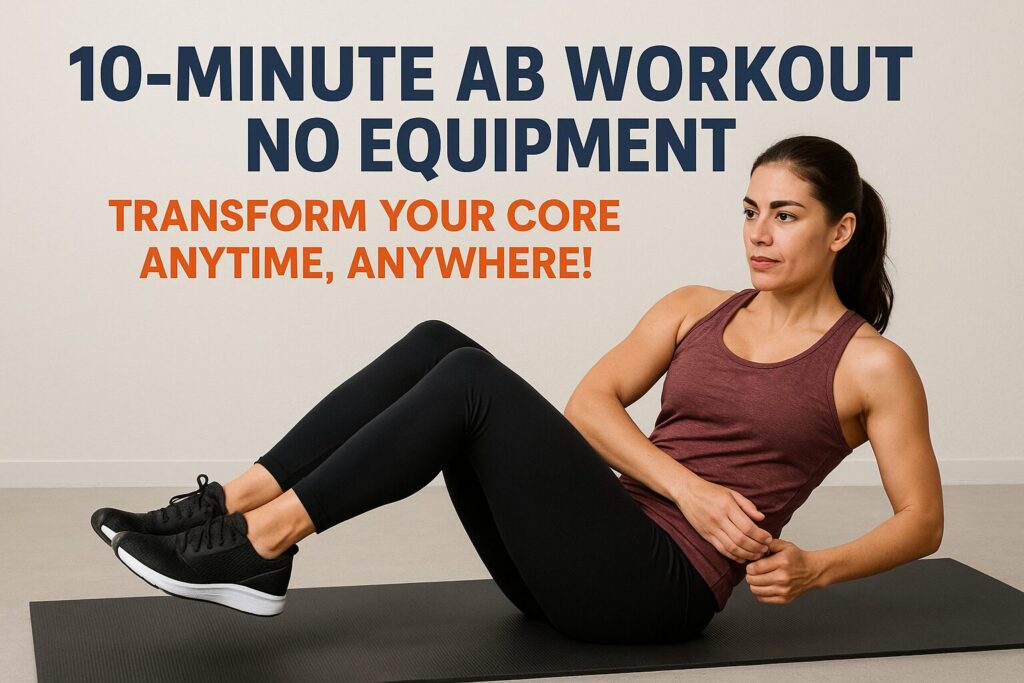Fit woman doing bodyweight ab exercises on a mat indoors with bold text promoting a 10-minute ab workout no equipment.