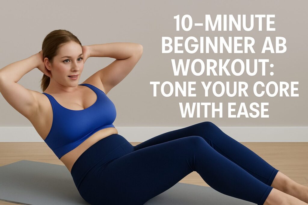 A fit woman in a blue crop top and leggings performing a bicycle crunch on a yoga mat, illustrating a 10-minute beginner ab workout in a bright, indoor space