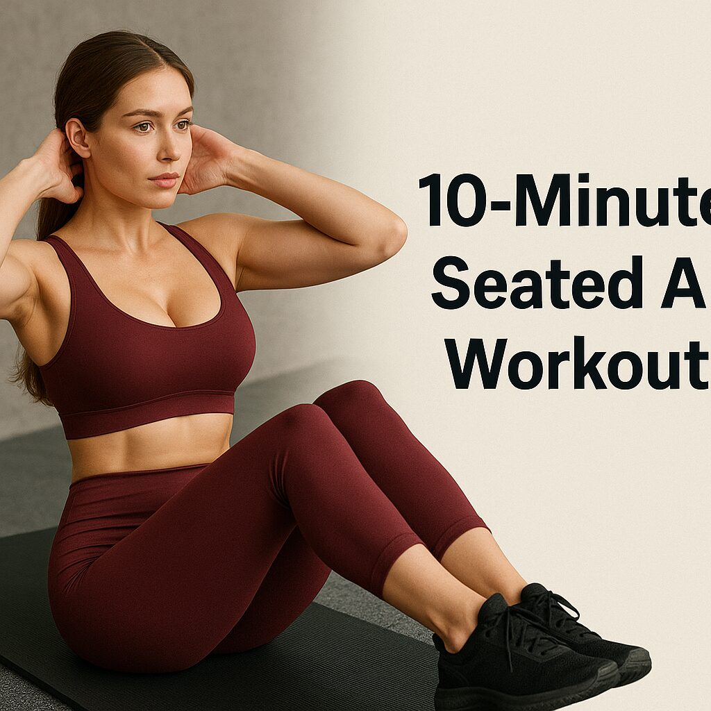 Fit woman in burgundy gym wear doing a 10-minute seated ab workout on a yoga mat in a gym setting.