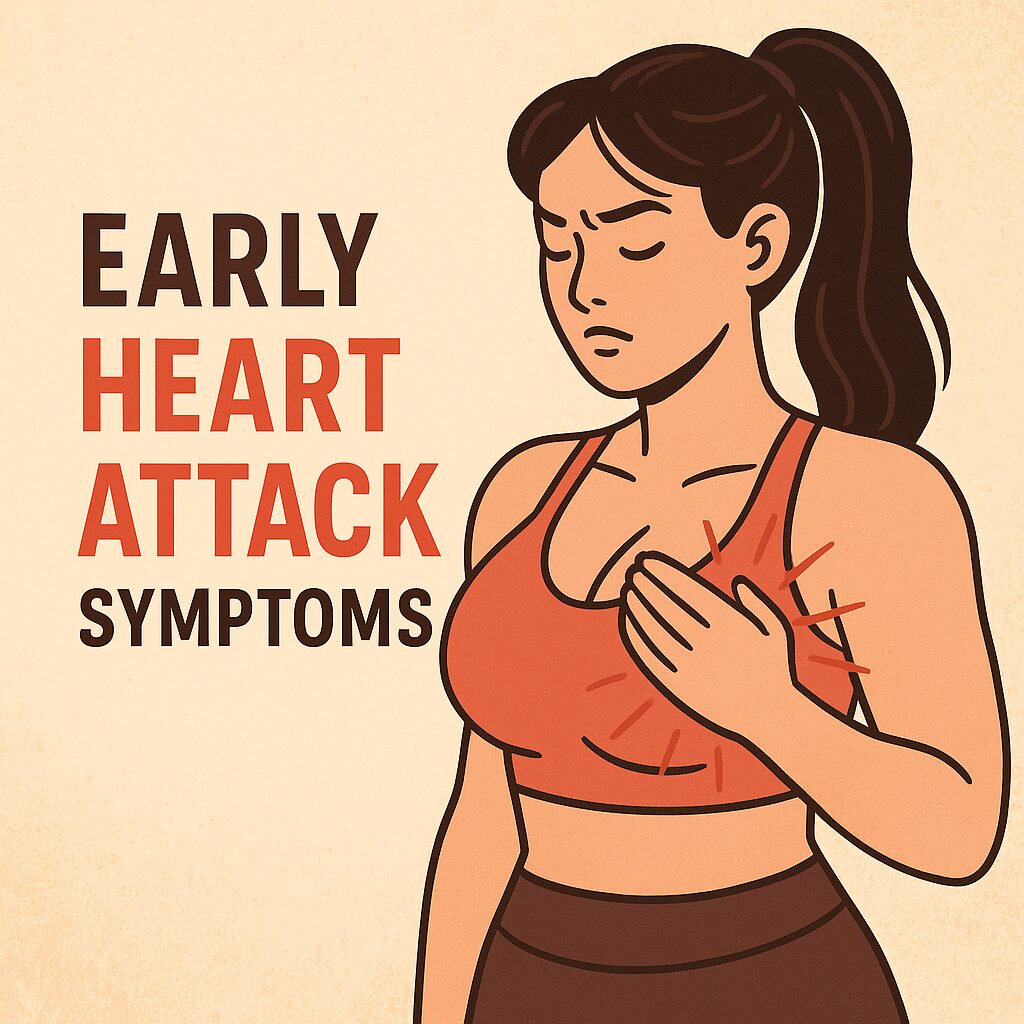 Graphic illustrating early heart attack symptoms, such as dizziness, chest discomfort, and fatigue, with a heart health awareness message.