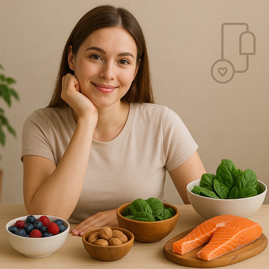 Foods That Help Lower Blood Pressure: A fresh assortment of heart-healthy foods, including leafy greens, nuts, and berries, promoting benefits for lowering blood pressure naturally.