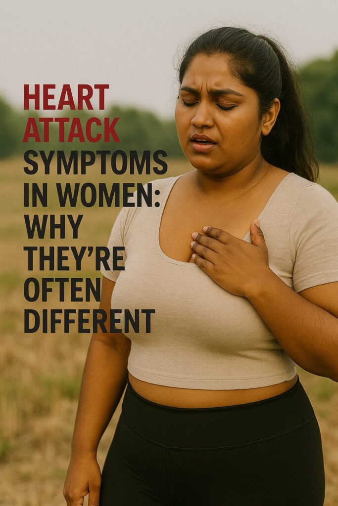Illustration highlighting the unique heart attack symptoms in women, such as fatigue, shortness of breath, and upper back pain.