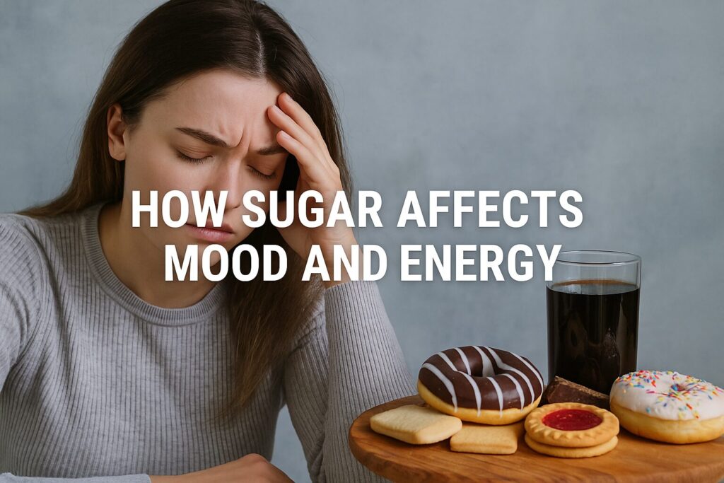 A young woman with a tired expression rests her head on her hand, surrounded by sugary snacks like donuts, cookies, and a glass of soda, with the text "How Sugar Affects Mood and Energy" overlayed on the image.