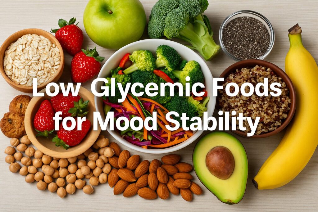 A variety of low glycemic foods including quinoa, broccoli, almonds, strawberries, chickpeas, and a colorful salad bowl arranged on a wooden surface with the text "Low Glycemic Foods for Mood Stability" overlayed on the image.