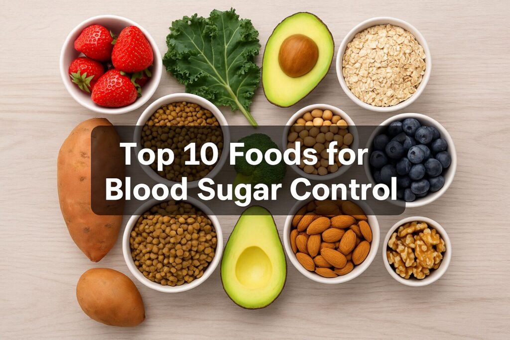 An assortment of ten nutrient-rich foods for blood sugar control, including strawberries, kale, avocado, oats, chickpeas, blueberries, nuts, sweet potatoes, and lentils, arranged neatly on a light wooden surface with the title "Top 10 Foods for Blood Sugar Control" overlayed in bold text.