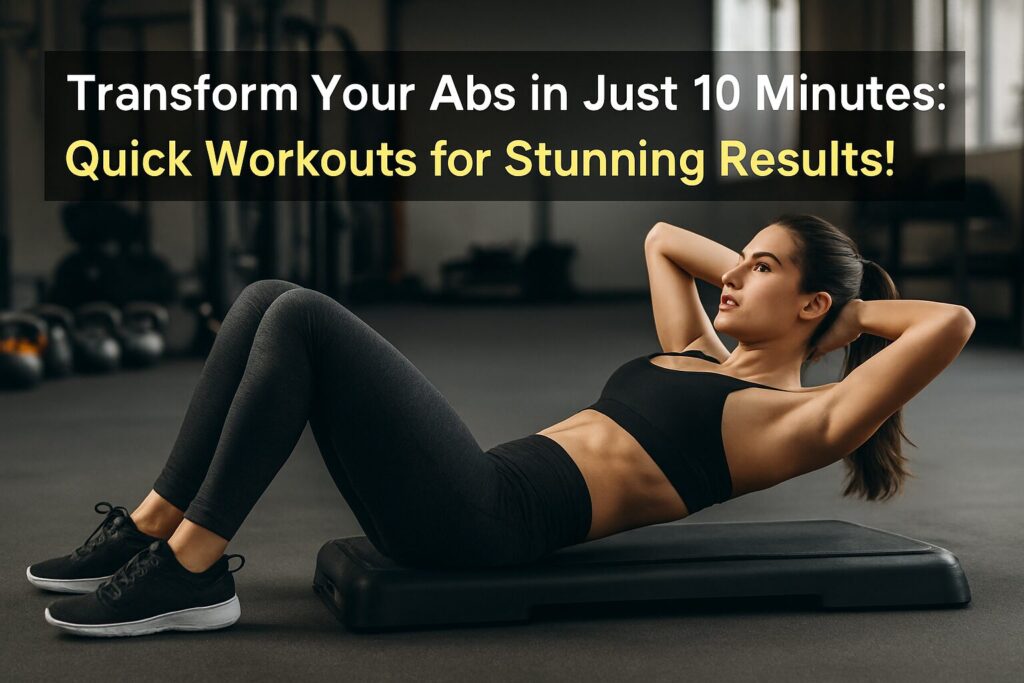 "Fit young woman in a bright gym setting performing a 10-minute ab workout exercise, focusing on core strength and fitness."