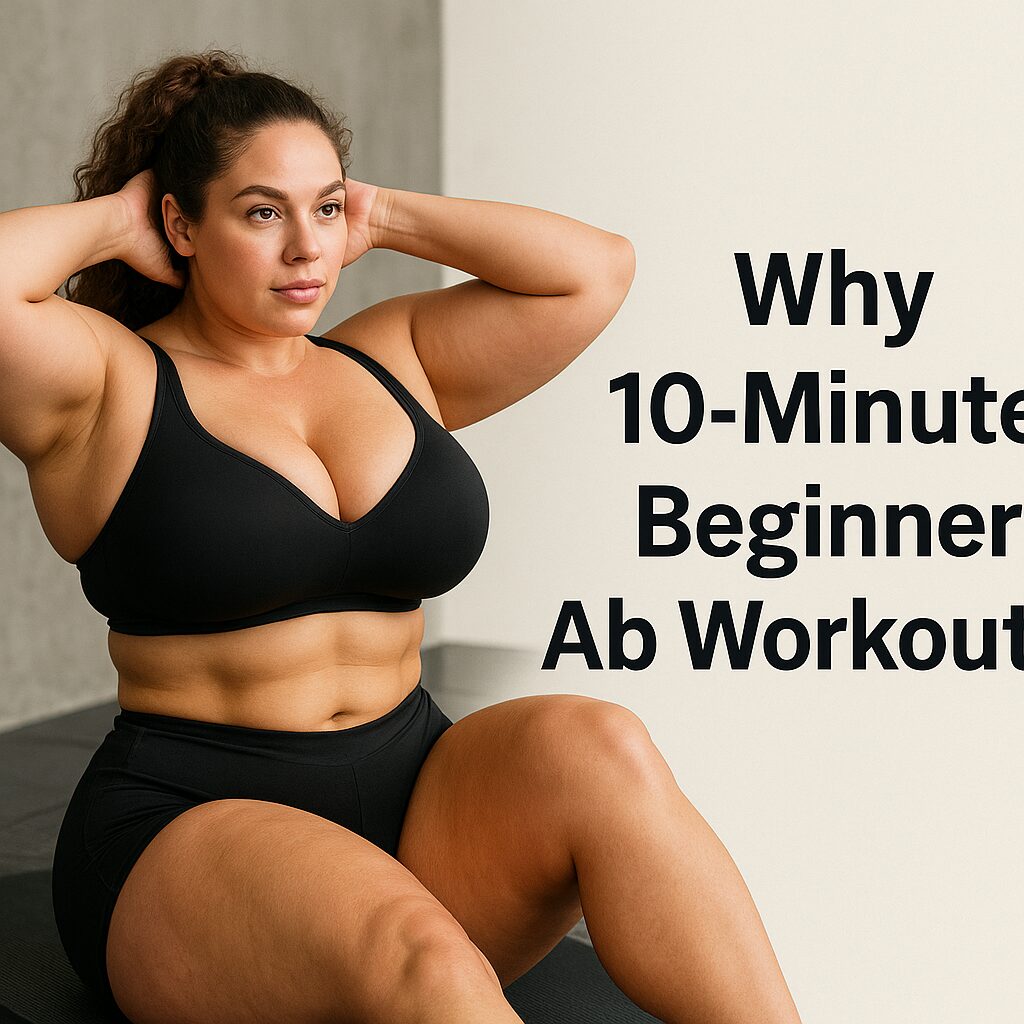 A fit, curvy woman with defined abs performing a bicycle crunch in a gym setting, accompanied by bold text reading "Why 10-Minute Beginner Ab Workout?