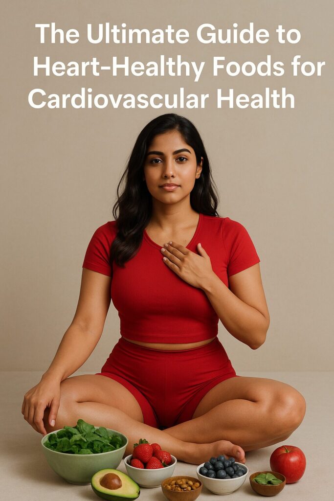 The Ultimate Guide to Heart-Healthy Foods for Cardiovascular Health: A colorful plate of heart-healthy foods including salmon, blueberries, and leafy greens.