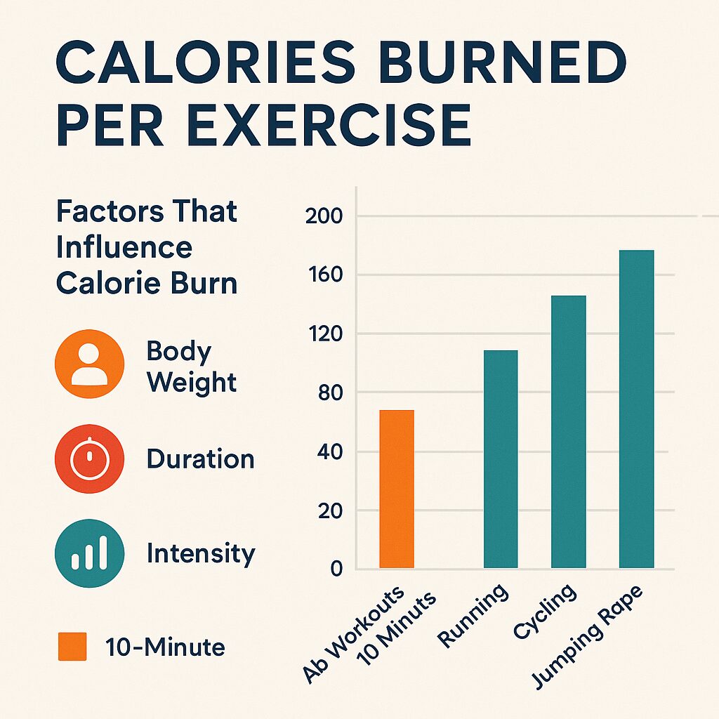 Bar chart infographic showing calories burned per exercise, comparing a 10-minute ab workout to running, cycling, and jumping rope, with visual icons for body weight, duration, and intensity as factors influencing calorie burn.