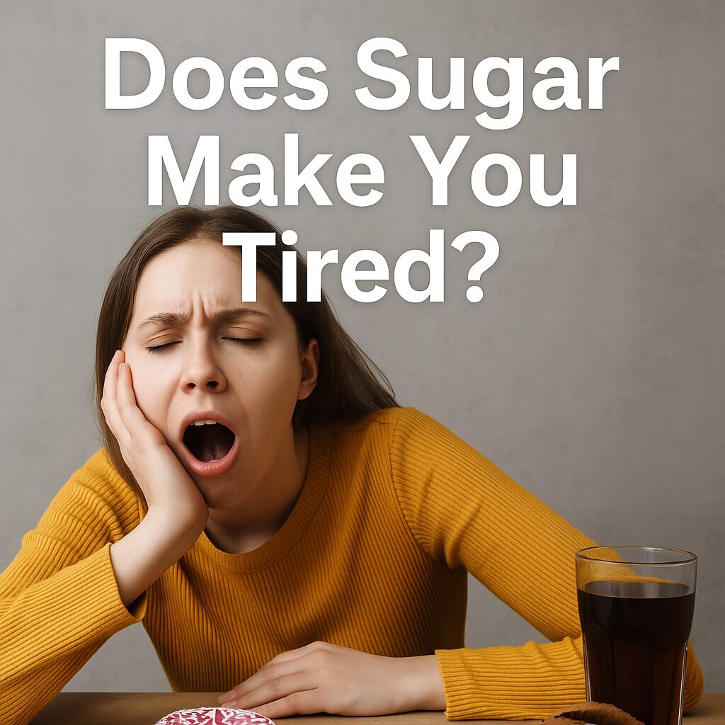 A young woman yawning with a tired expression, sitting at a table surrounded by sugary treats like donuts, cookies, and soda, with the text "Does Sugar Make You Tired?