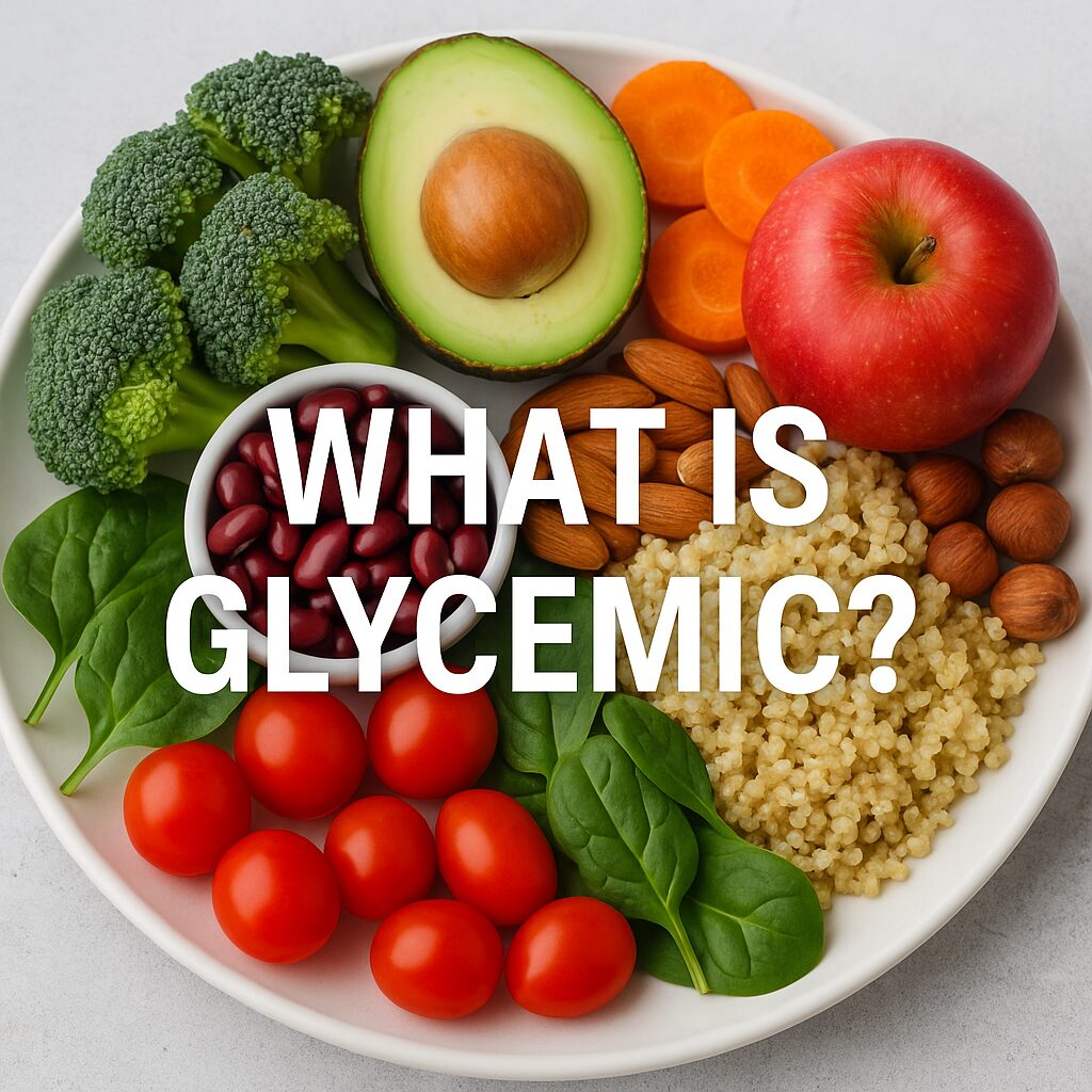 A colorful plate of fresh low-glycemic foods including quinoa, avocado, apple, spinach, nuts, and legumes with the title overlay "What Is Glycemic?"