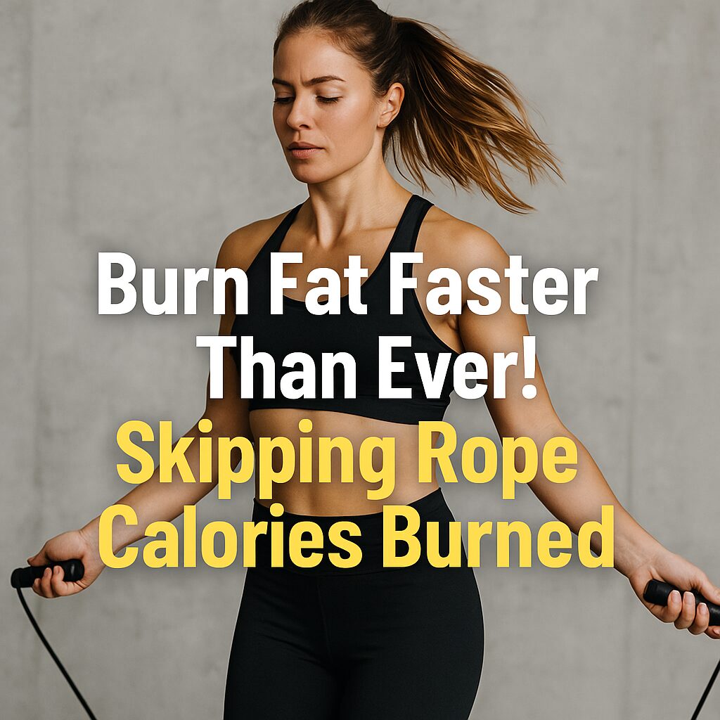 Young woman skipping rope intensely with the text 'Burn Fat Faster Than Ever! Skipping Rope Calories Burned faqs' overlaying the image.