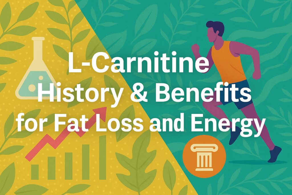 Colorful graphic showing L-Carnitine history and benefits for fat loss and energy with symbols of science, fitness, and health.
