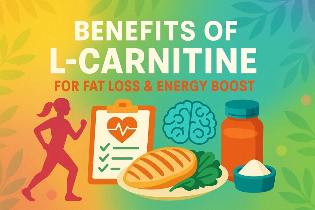 Illustration showing benefits of L-Carnitine for fat loss, energy, heart health, and brain support with symbols of fitness, food, and supplements.