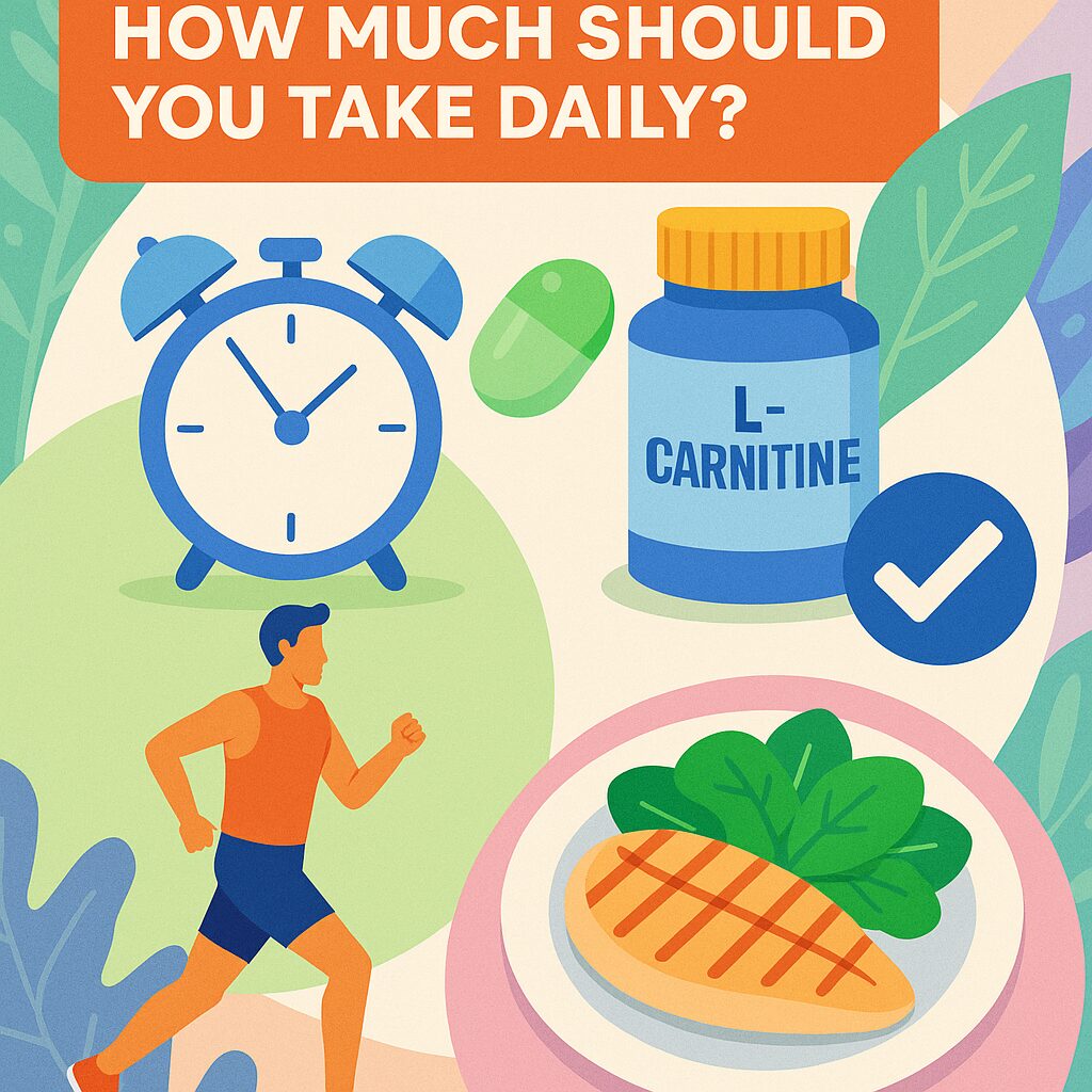 L-Carnitine dosage infographic showing supplement, clock, exercise, and healthy food.