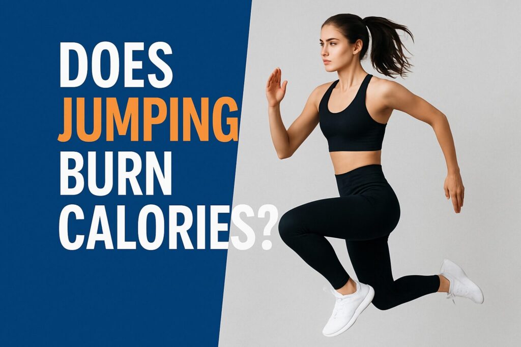 Athletic young woman mid-jump in activewear beside bold text “Does Jumping Burn Calories?” on a blue and gray background.