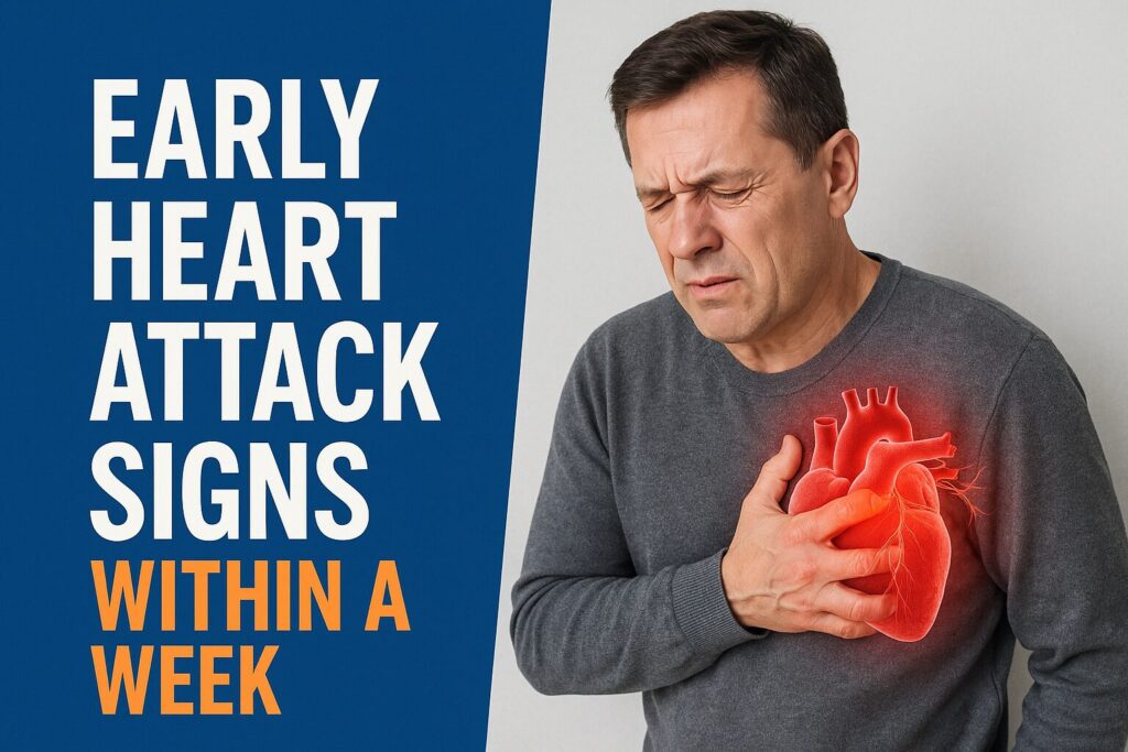 Middle-aged man clutching chest in pain with glowing red heart graphic, next to bold text "Early Heart Attack Signs Within a Week" on blue background.