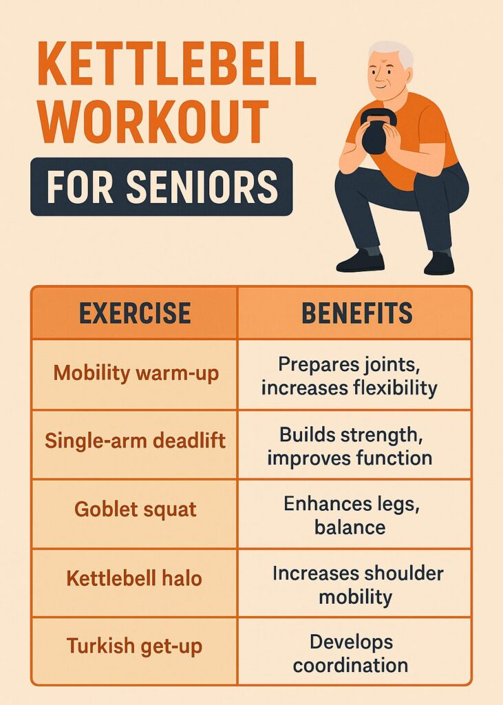 Senior man performing a kettlebell goblet squat as part of a beginner-friendly kettlebell workout for seniors with benefits chart