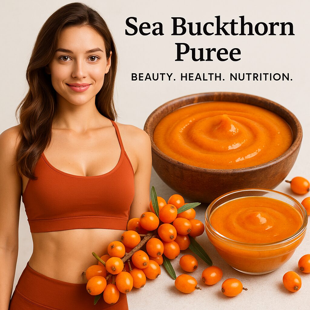 Fit woman in orange sports bra with sea buckthorn puree and berries in bowls on a neutral background.