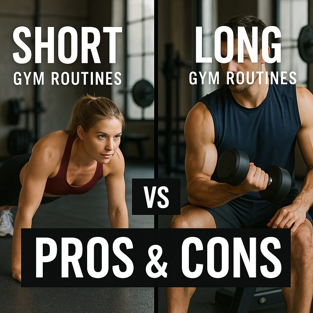 Fit man and woman standing in gym representing short vs long gym routines — pros and cons