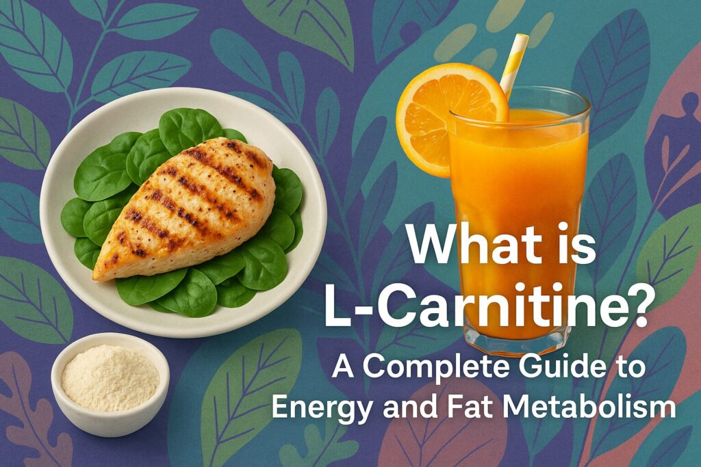 Grilled chicken on spinach, orange juice, and L-Carnitine powder representing energy and fat metabolism.