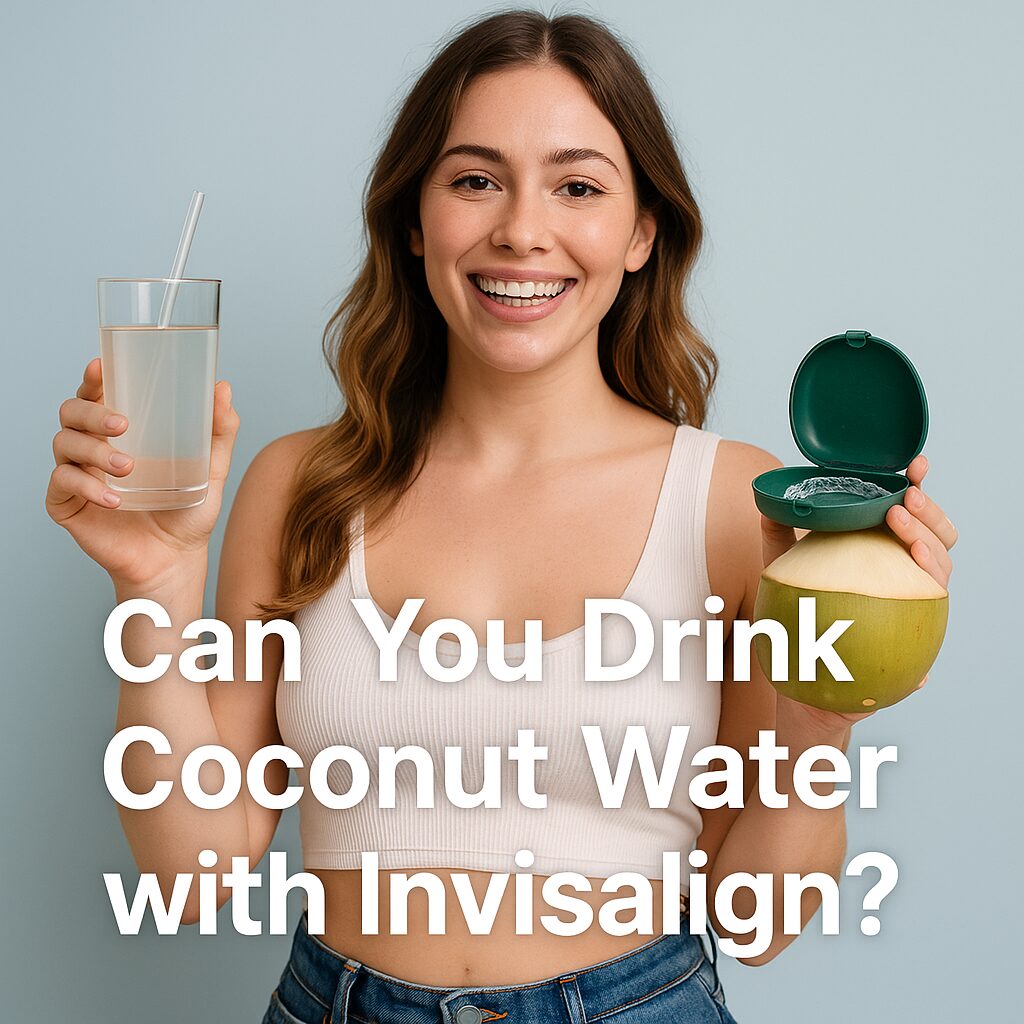 Smiling young woman holding coconut water and Invisalign case with blog title overlay “Can You Drink Coconut Water with Invisalign?”