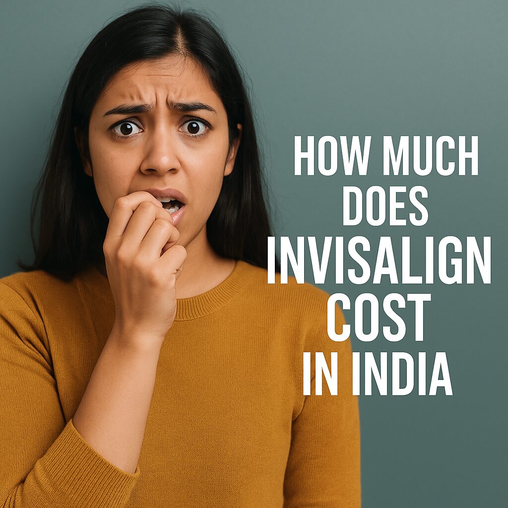 Nervous young Indian woman wondering How Much Does Invisalign Cost in India, with bold title overlay.