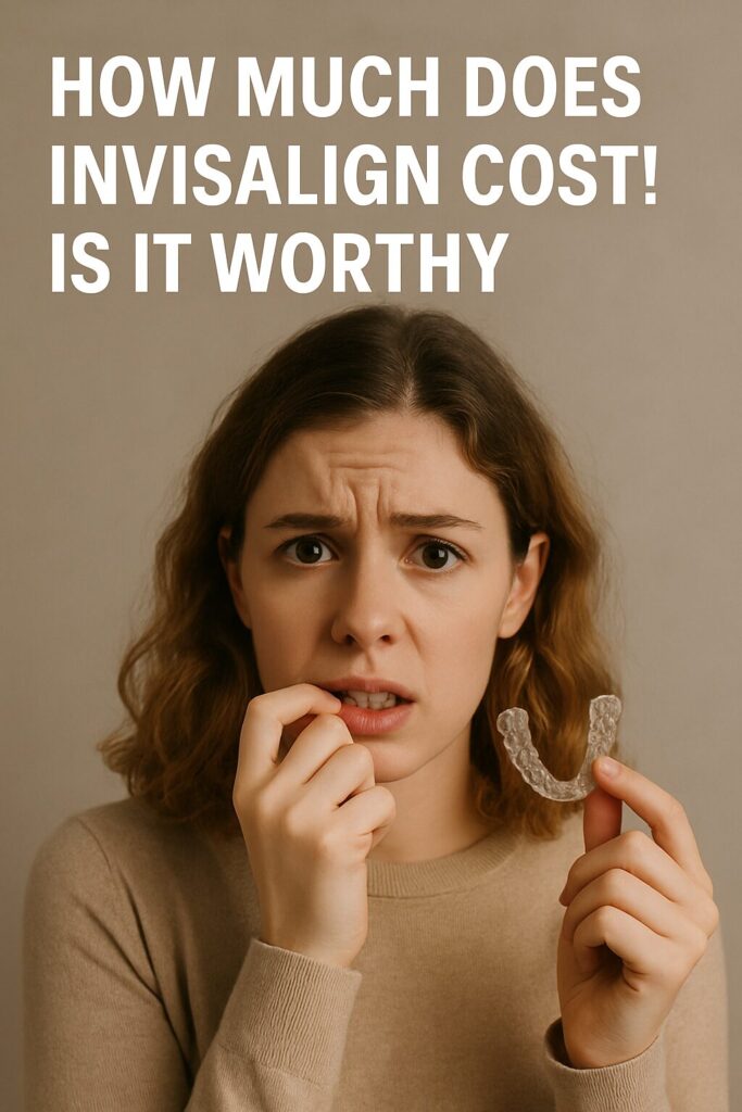 Worried woman holding Invisalign aligner, questioning how much does Invisalign costs in different cities of USA