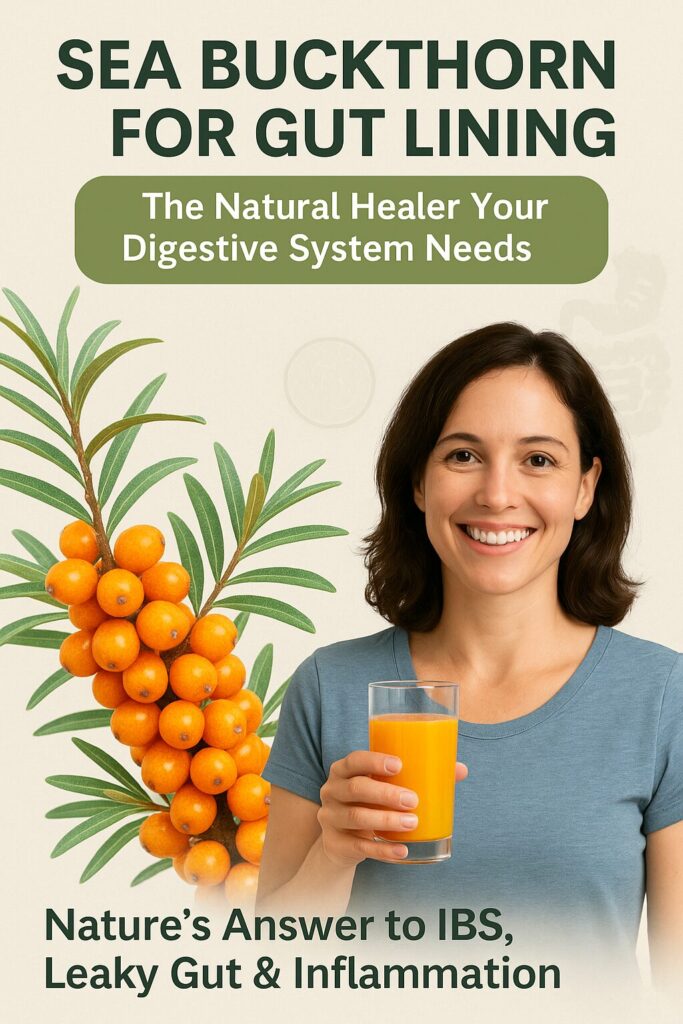 Smiling woman holding sea buckthorn juice with sea buckthorn berries in the background, representing the healing benefits of sea buckthorn for gut lining.